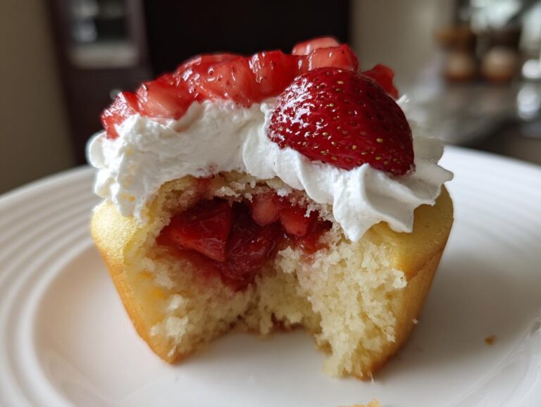 Close-up of a strawberry shortcake cupcake with a bite taken out, showing the cake texture and strawberry filling.