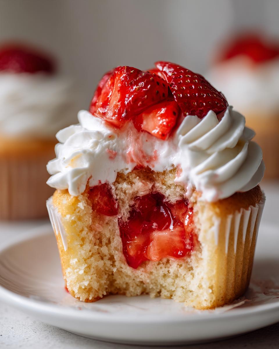 Close-up of a strawberry shortcake cupcake with a bite taken out, revealing strawberry filling and whipped cream topping.