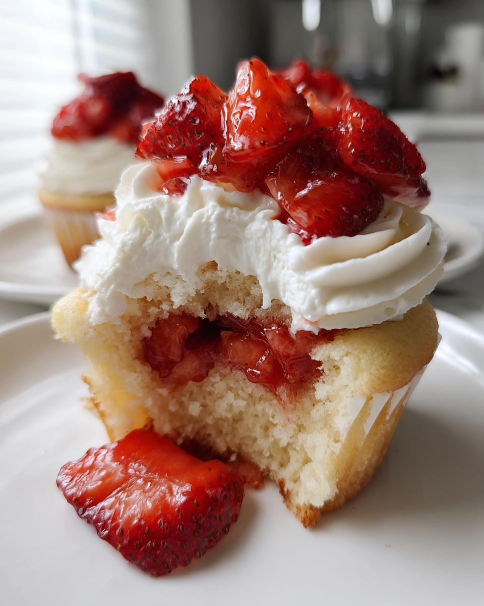 Close-up of a strawberry shortcake cupcake with a bite taken out, revealing strawberry filling, topped with whipped cream and macerated strawberries.