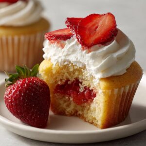 Close-up of a strawberry shortcake cupcake with a bite taken out, revealing strawberry filling, topped with whipped cream and sliced strawberries.
