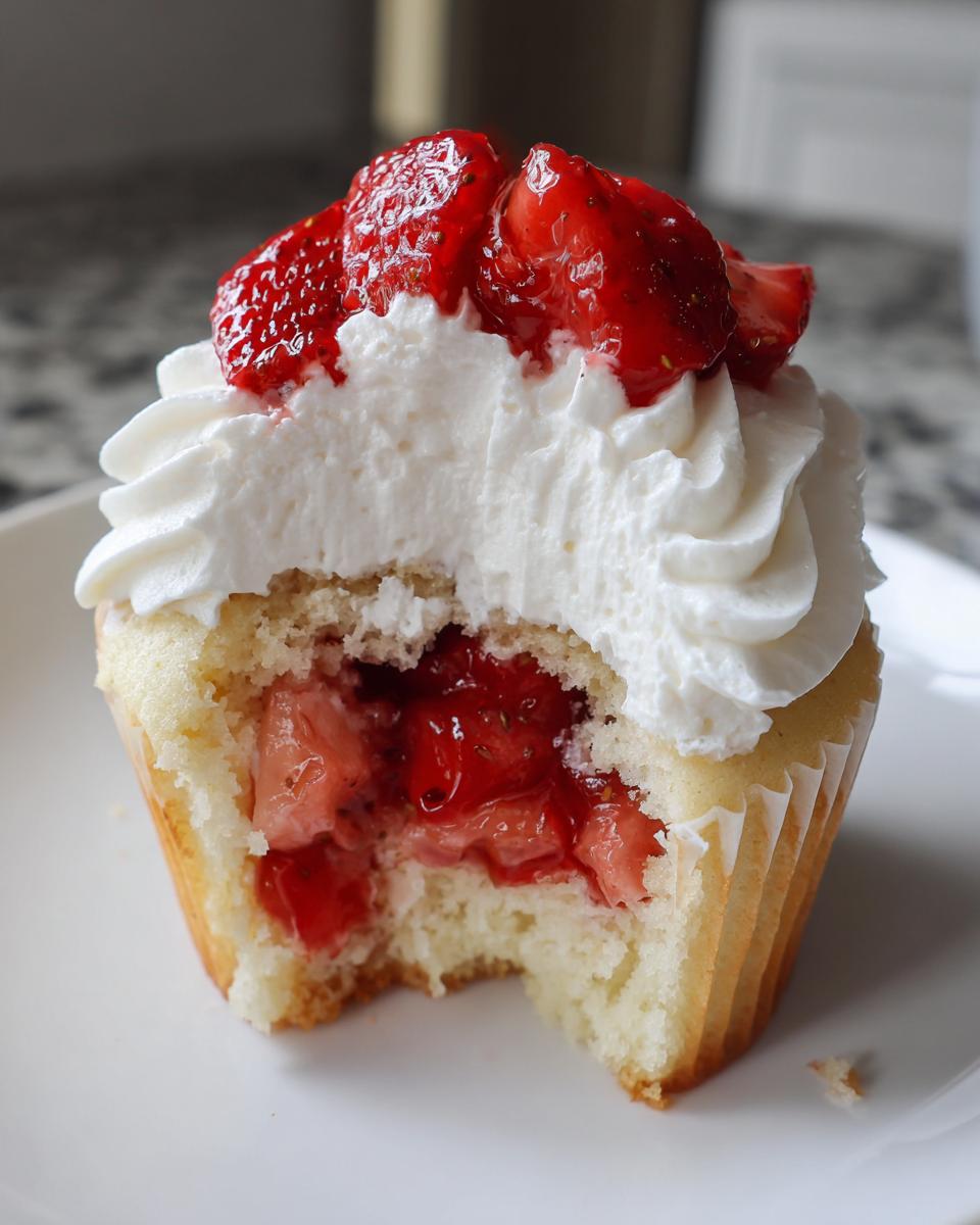 A close-up of a strawberry shortcake cupcakes with a bite taken out, revealing strawberry filling and whipped cream topping.