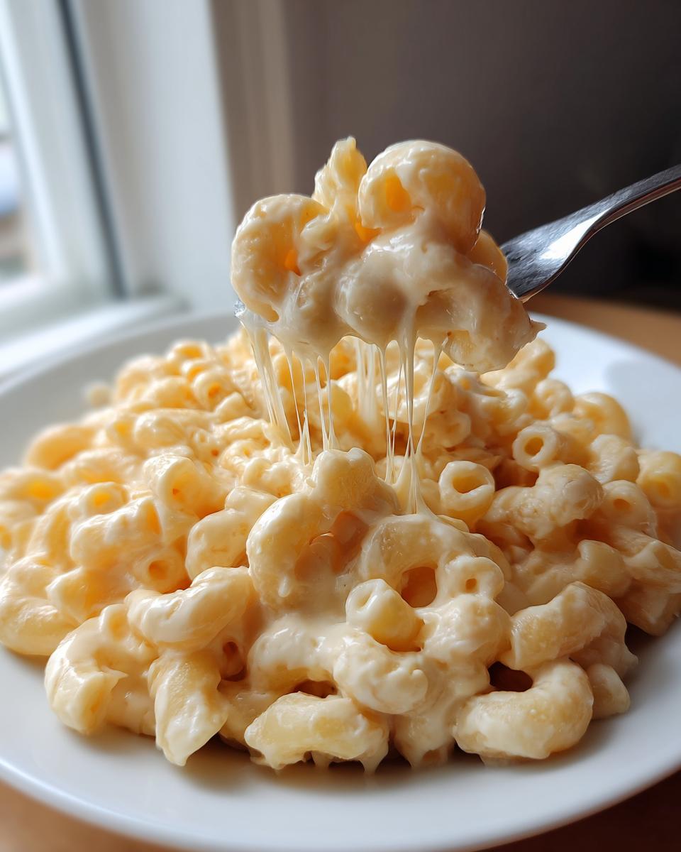 A fork lifting creamy macaroni noodles covered in cheese sauce from a plate of cottage cheese mac and cheese, showing a dramatic cheese pull.