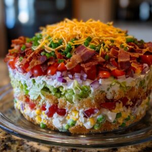 A tall, round 7 layer salad presented like a cake, topped with cheese, bacon, and chives.