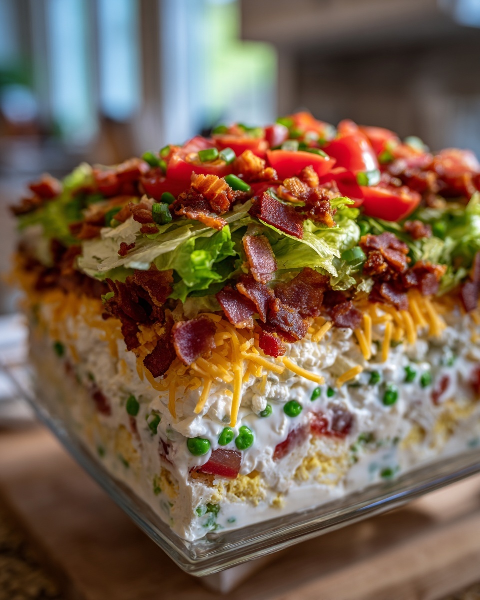 Close-up view of a layered 7 layer salad showing layers of creamy dressing, peas, eggs, cheese, lettuce, bacon, and tomatoes.