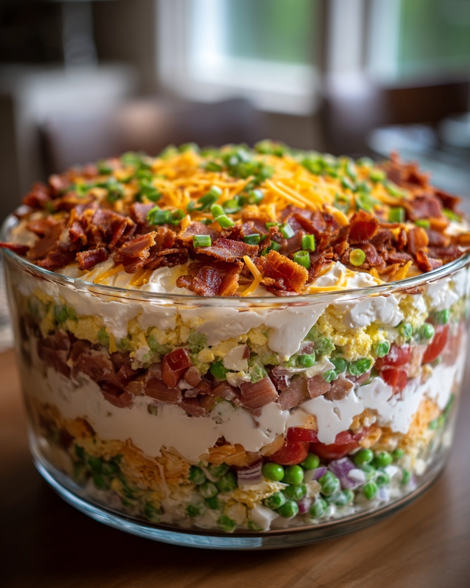 A clear glass bowl showcasing the distinct layers of a classic 7 layer salad, topped with bacon and chives.