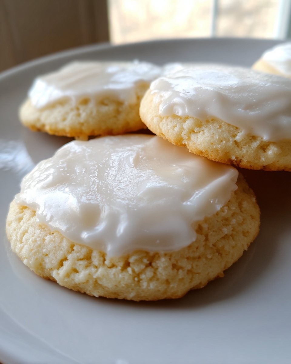 Close-up of soft sugar cookies topped with thick, glossy sugar cookie icing drying on a white plate.