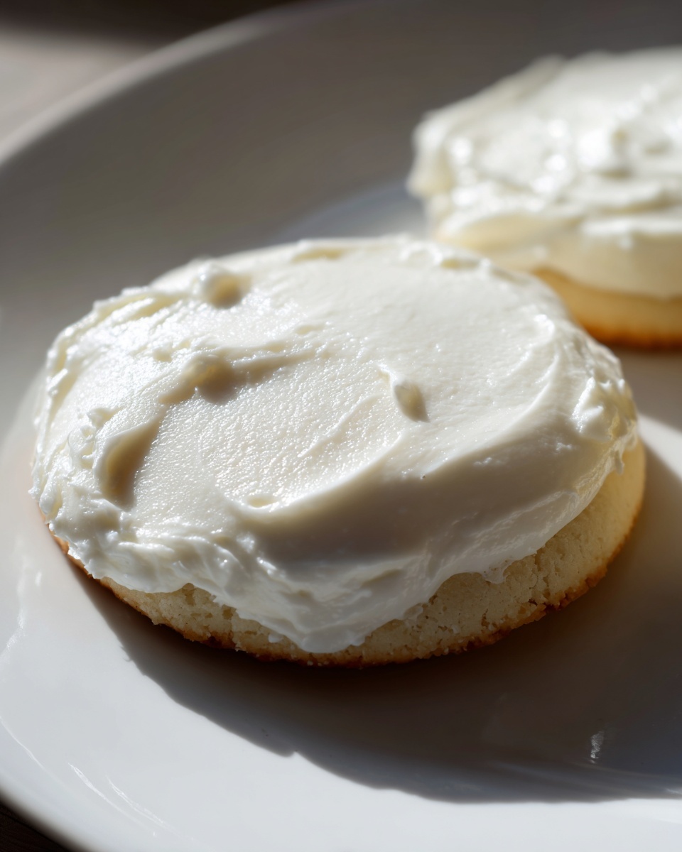 A close-up of a soft sugar cookie topped with thick, bright white sugar cookie icing on a white plate.