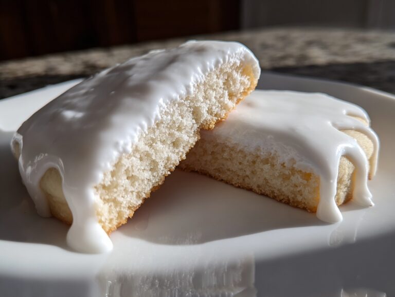 Two halves of a soft sugar cookie topped with thick, glossy white sugar cookie icing dripping down the sides.