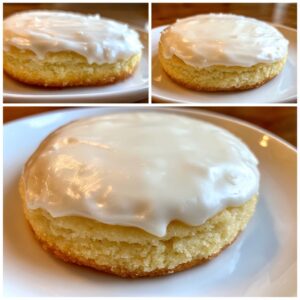 Close-up of a soft sugar cookie topped with thick, glossy white sugar cookie icing.