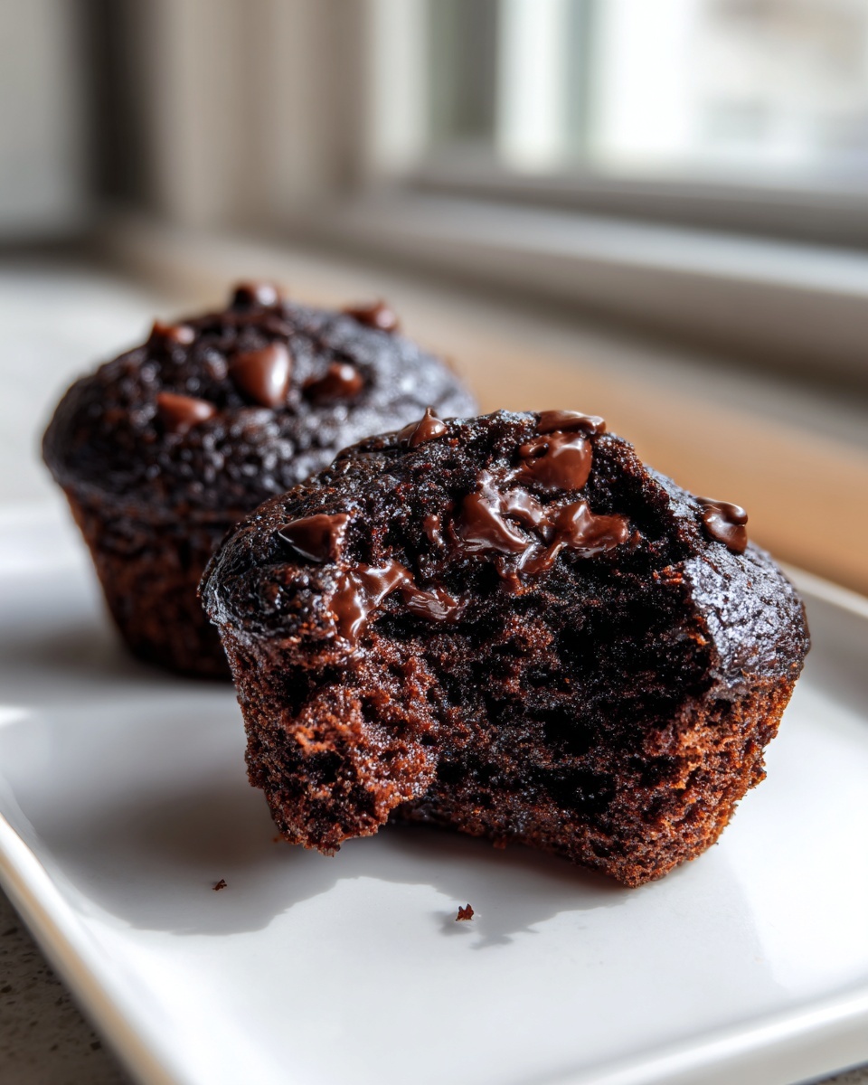 Close-up of a super moist chocolate muffin, broken open to show the rich texture and melted chocolate chips.