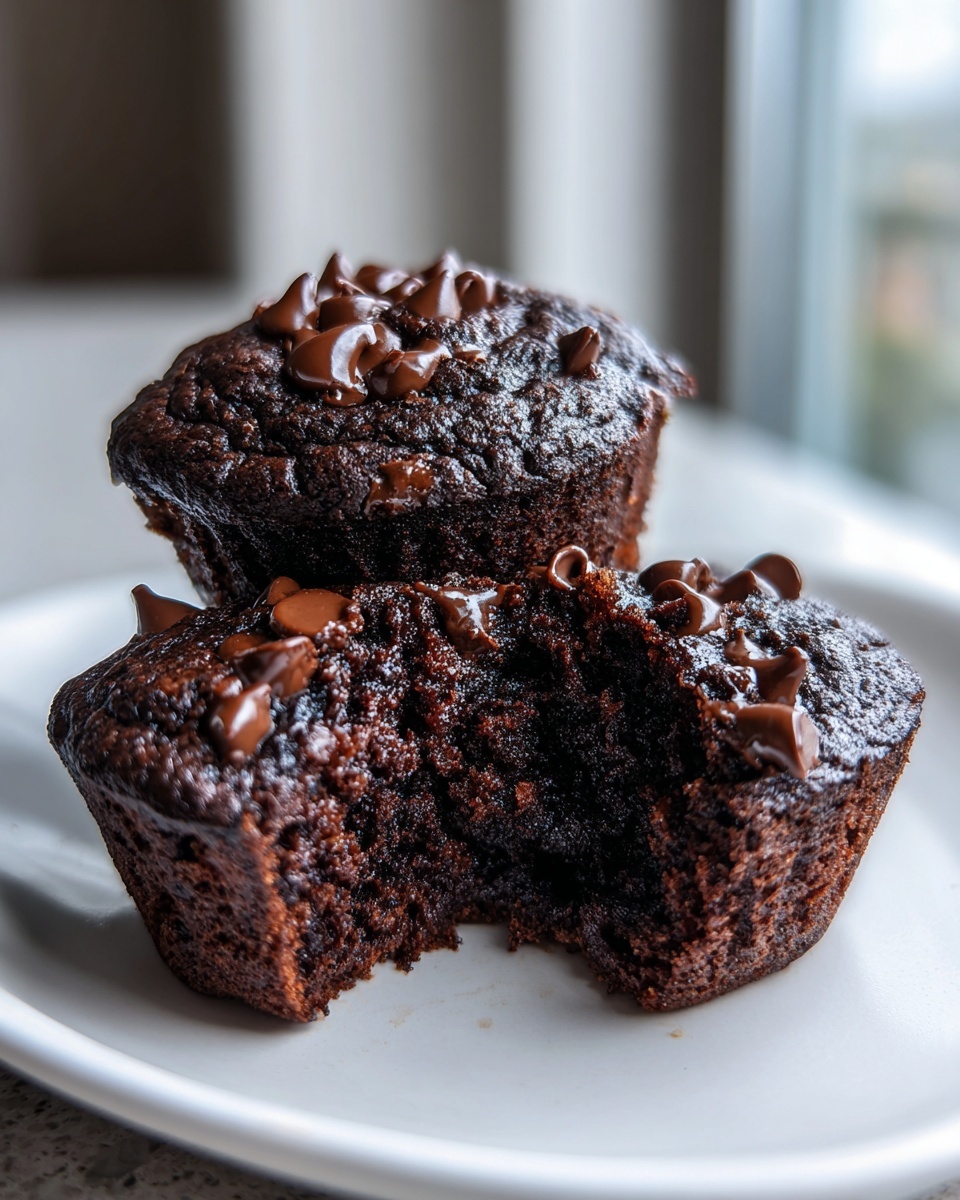 Two dark, moist chocolate muffins stacked on a white plate, one broken open to show the texture, topped with chocolate chips.