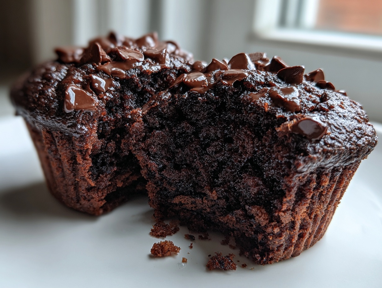 Close-up of a rich, dark chocolate muffin broken in half, topped with melted chocolate chips.