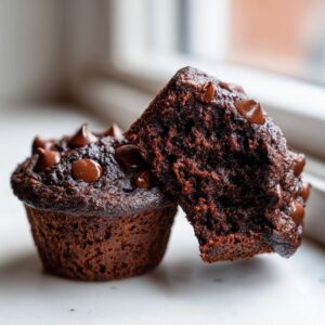 Close-up of two rich, dark chocolate muffins, one cut in half showing the moist interior and chocolate chips.