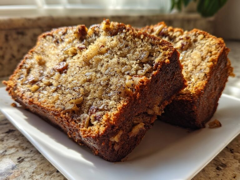 Close-up of two moist slices of sweet alabama pecan bread with visible nuts on a white plate.