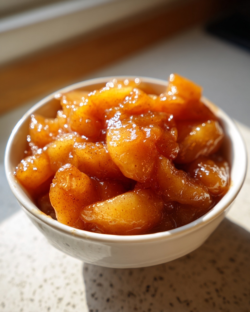 Close-up of glossy, spiced apple pie filling with visible cinnamon specks in a small white bowl.