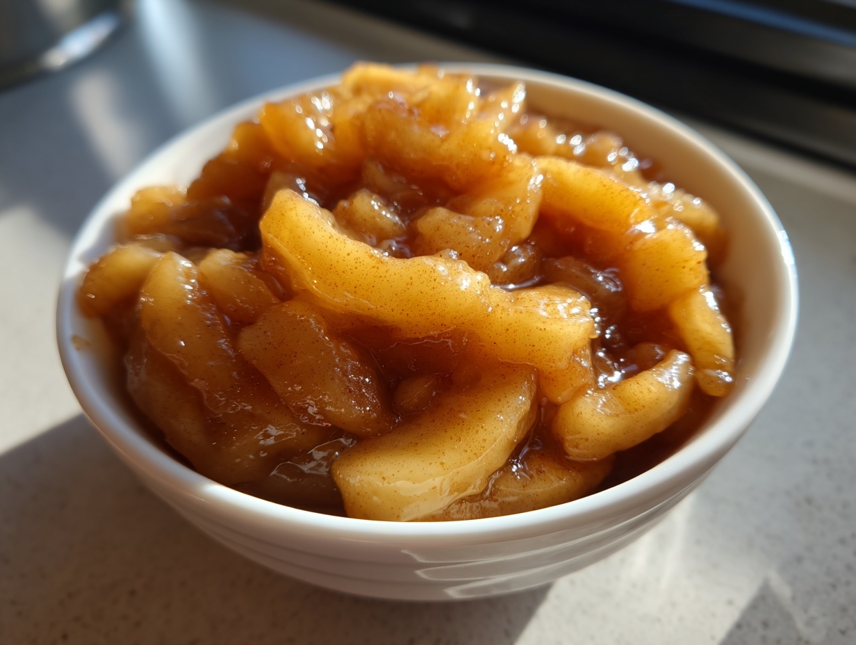 A close-up of glistening, cinnamon-spiced apple pie filling served in a small white bowl.