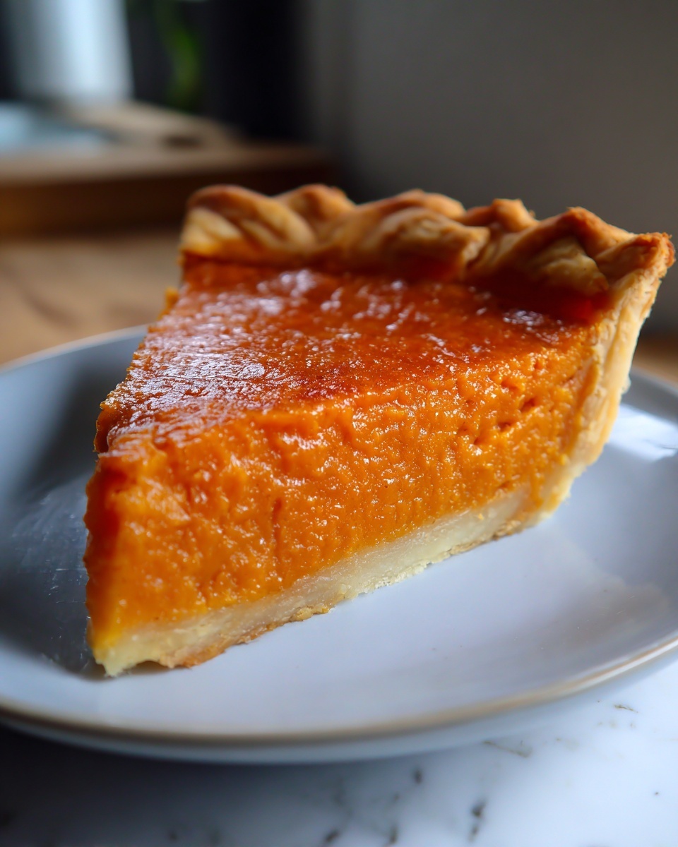 A close-up of a perfectly sliced piece of vibrant orange sweet potato pie on a white plate.