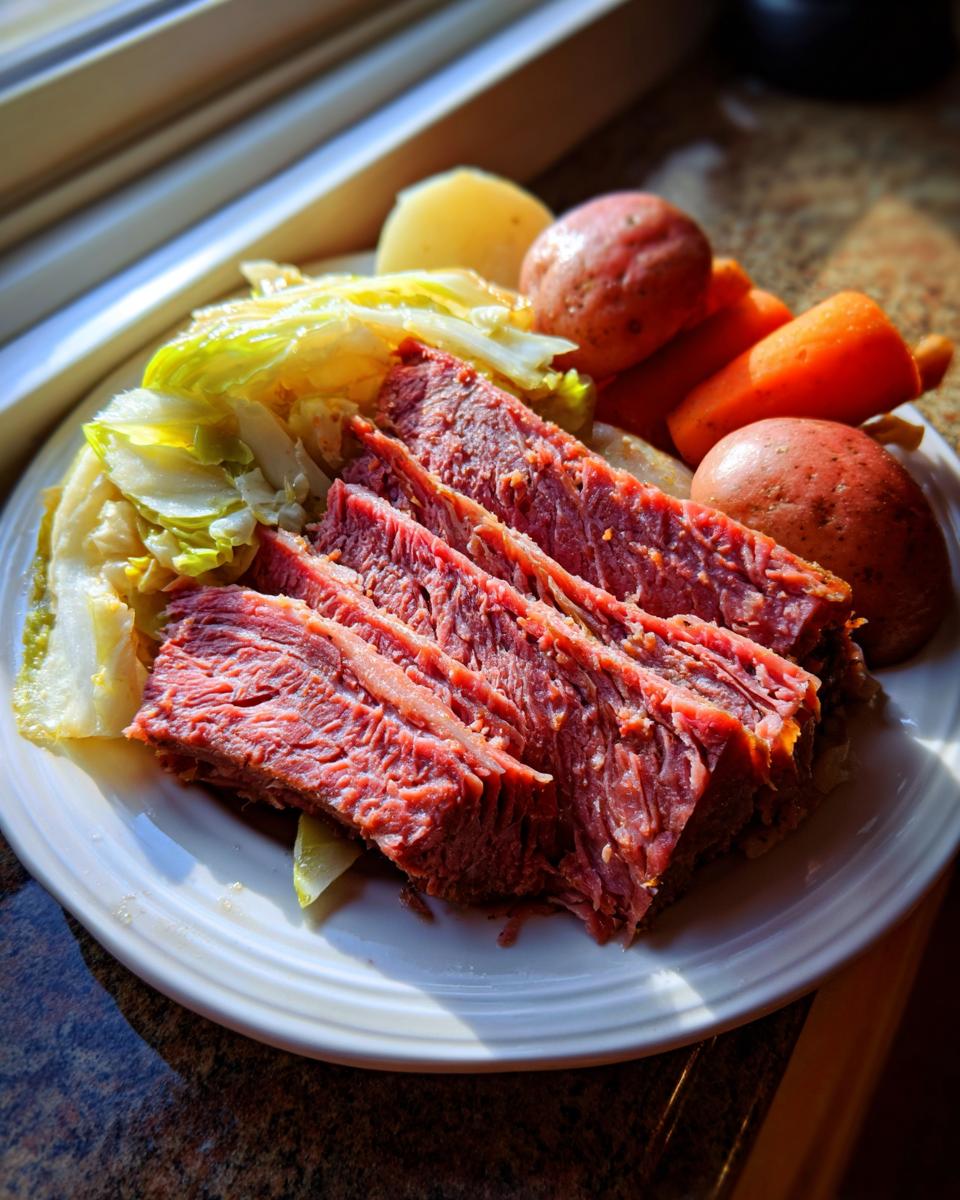 Four slices of perfectly cooked, tender corned beef served with boiled cabbage, carrots, and potatoes.