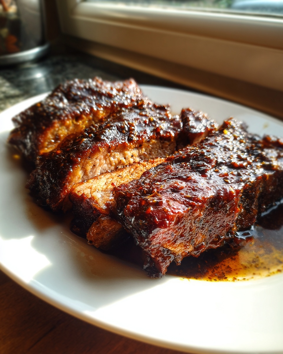 Close-up of three thick slices of tender pork steak covered in a dark, glossy glaze, resting on a white plate.