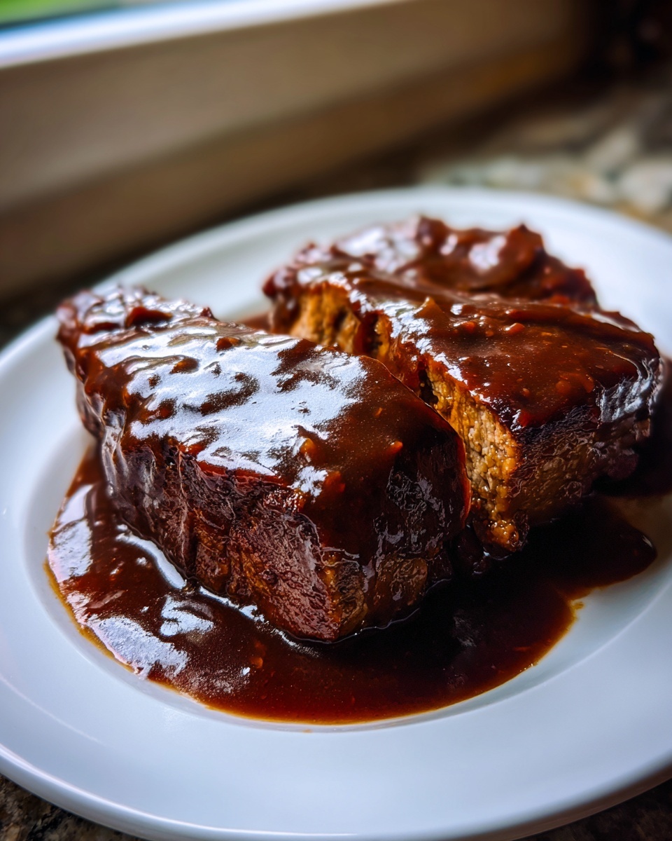 Two pieces of tender pork steak smothered in a thick, glossy brown sauce on a white plate.