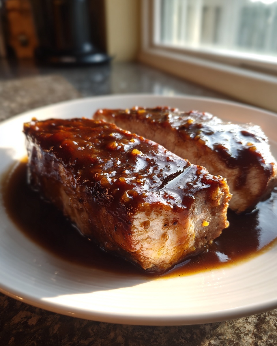 Two thick slices of tender pork steak covered in a rich, glossy brown glaze, resting in sauce.
