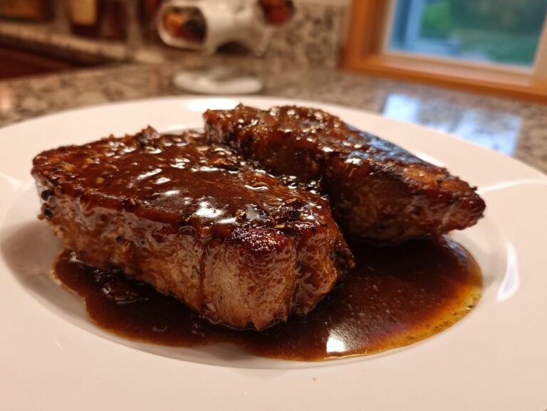 Two thick, juicy pork steak cuts covered in a glossy, dark brown glaze sauce served on a white plate.