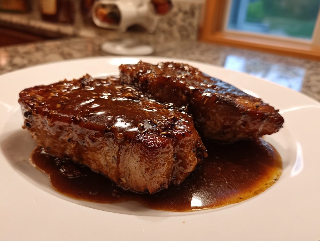 Two thick, juicy pork steak cuts covered in a glossy, dark brown glaze sauce served on a white plate.