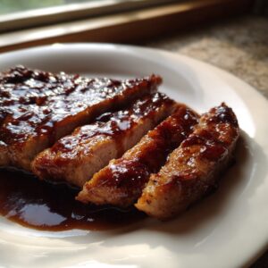 Close-up of a tender pork steak, sliced and covered in a rich, glossy brown glaze, resting on a white plate.