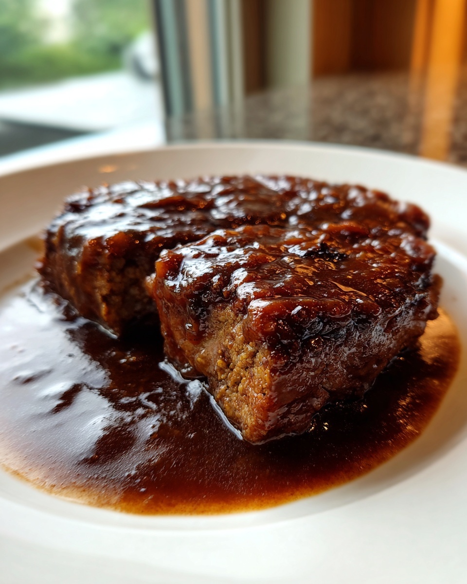 Close-up of a thick, tender pork steak smothered in a glossy, dark brown sauce or gravy.