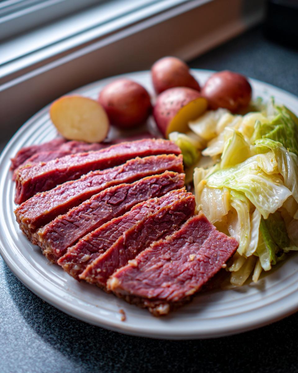 Close-up of tender sliced corned beef served with boiled cabbage and small red potatoes.