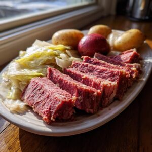 Slices of tender corned beef served alongside boiled cabbage and small potatoes on a white platter.