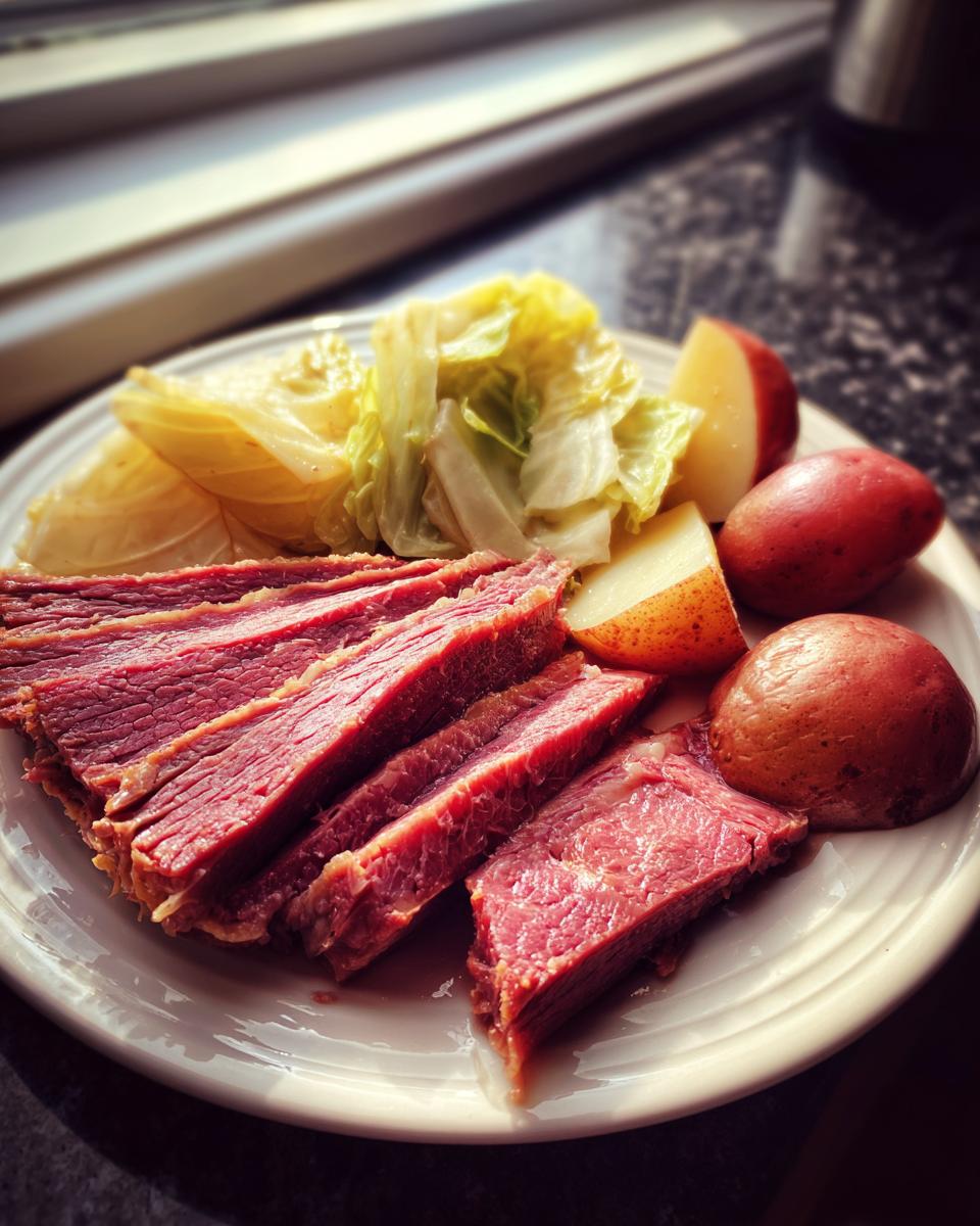 Plate of perfectly sliced corned beef served with boiled cabbage wedges and red potatoes.
