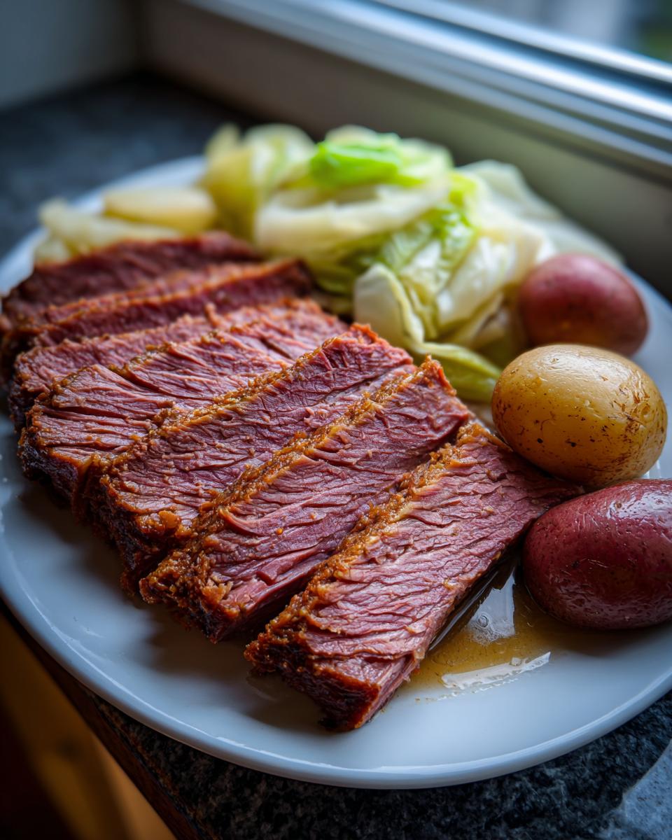 Slices of tender corned beef served on a white plate with boiled potatoes and steamed cabbage.