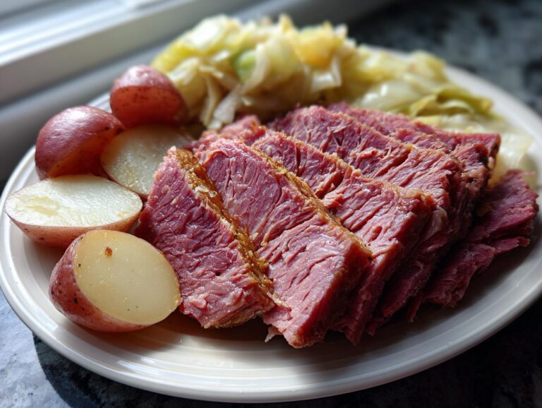 Close-up of tender, sliced corned beef served with boiled red potatoes and cooked cabbage on a white plate.