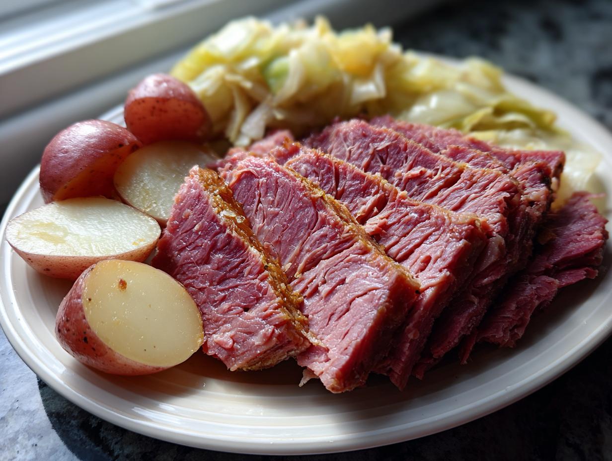 Close-up of tender, sliced corned beef served with boiled red potatoes and cooked cabbage on a white plate.
