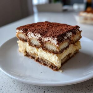 Close-up of a single serving slice of tiramisu recipe, showing layers of cream and coffee-soaked ladyfingers, dusted with cocoa.