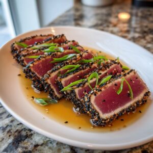Slices of sesame-crusted tuna tataki, rare in the center, served in a light sauce and garnished with green onions.