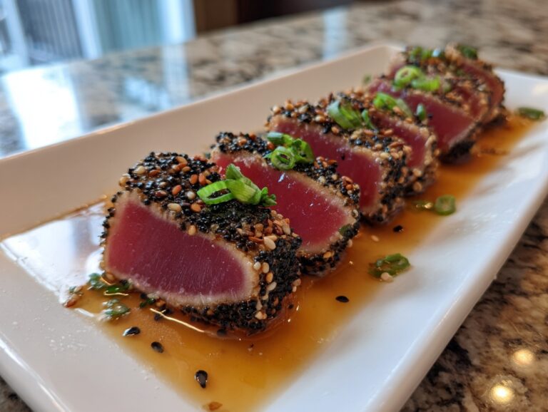 Four slices of sesame-crusted tuna tataki with a bright red center, served in a light sauce.