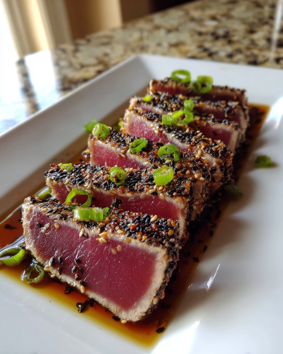 Slices of sesame-crusted tuna tataki, perfectly seared with a rare center, garnished with green onions.