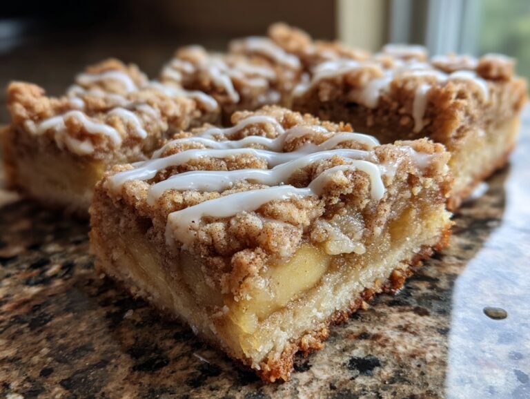 Close-up of a thick slice of apple pie bars featuring a crumb topping and white icing drizzle.