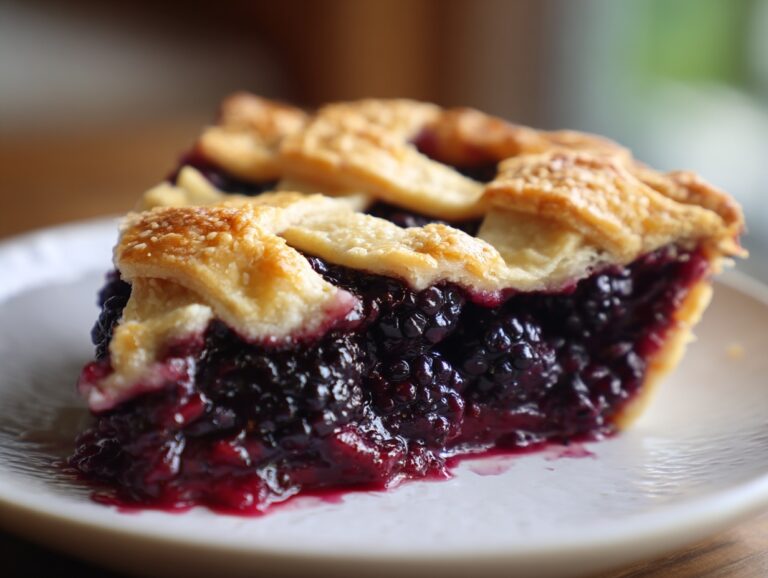 Close-up of a thick slice of ultimate blackberry pie showing juicy filling and golden lattice crust.