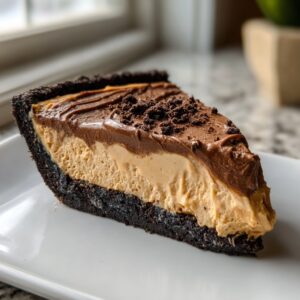 A thick slice of ultimate chocolate peanut butter pie with a dark crust and creamy layers.