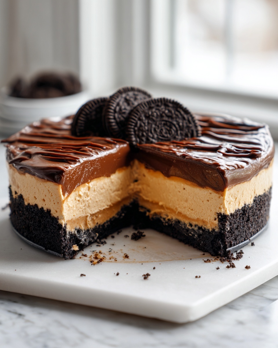 Cross-section view of the ultimate chocolate peanut butter pie with cookie crust and chocolate topping.