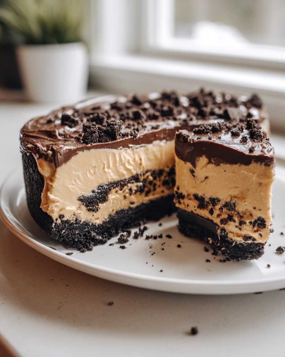 A rich slice of chocolate peanut butter pie with a dark crust and creamy filling, topped with chocolate ganache.