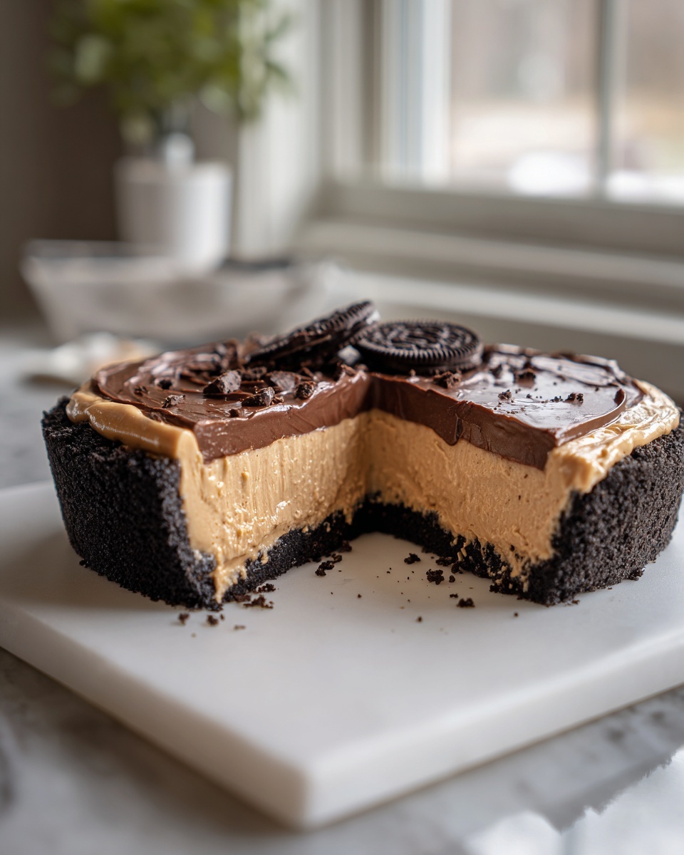 A rich chocolate peanut butter pie with a slice removed, showing creamy layers and Oreo topping.