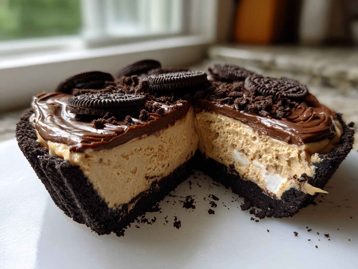 Cross-section view of the ultimate chocolate peanut butter pie with a thick peanut butter filling and Oreo topping.