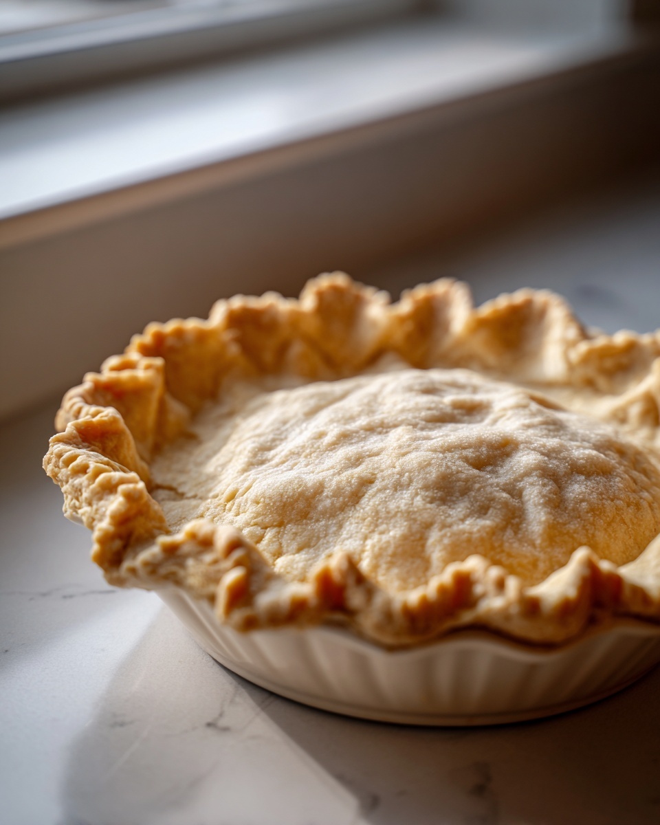 Close-up of a perfectly crimped, unbaked pie crust made with a flaky pie crust recipe in a white dish.