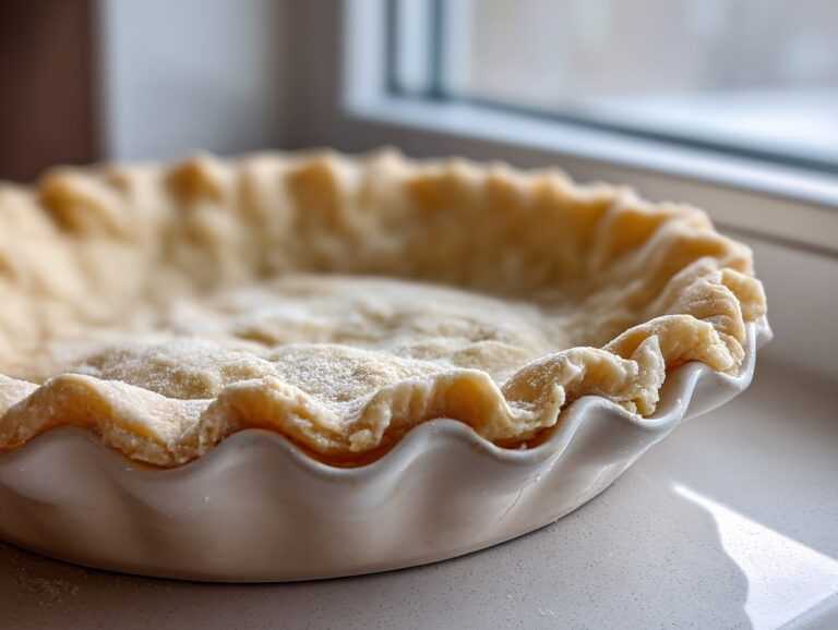 Close-up of an unbaked, flaky pie crust recipe crimped beautifully in a white ceramic dish.