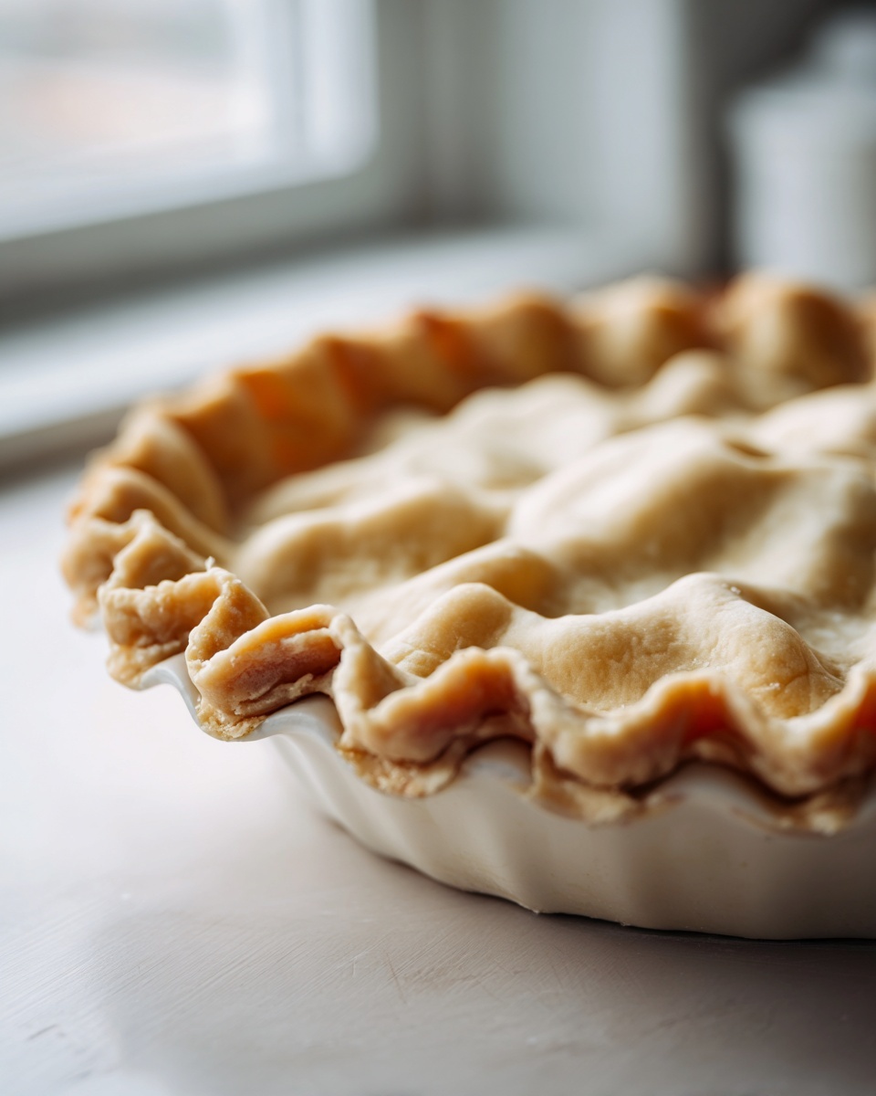 Close-up of an unbaked pie crust with crimped edges in a white dish, ready for baking.
