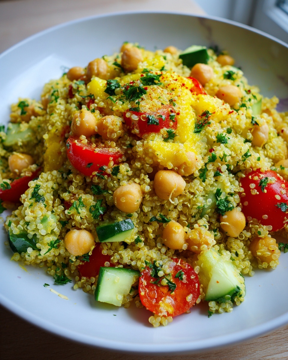 Close-up of a vibrant quinoa salad mixed with chickpeas, cucumber, tomato, and herbs.
